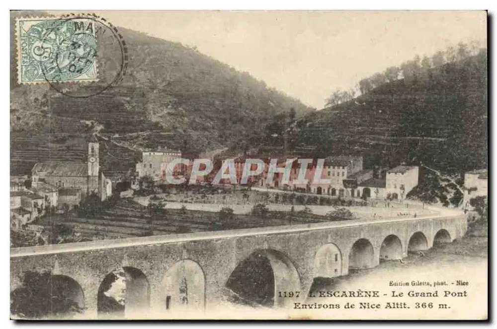 L'Escarène - El Gran Puente — Alrededores de Niza, Altitud 366 m — Edición Giletra, fot. - Niza, n° 1197 - Anverso