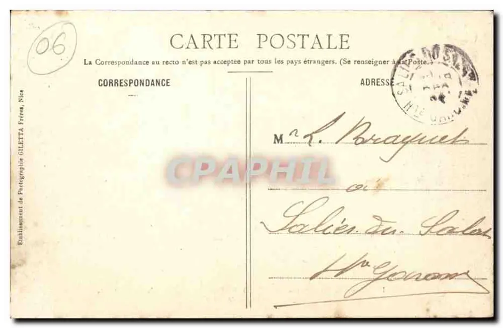 Levens (Alp.-Mar.) — Estação de Verão — Alt. 570 m. — Coleção Artística — Editor: Salièr du Salas, Nice — N° 1156 - Verso