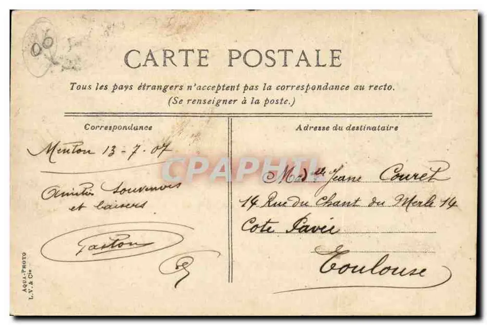 Menton. O ponte Saint-Louis — editor L.Va. C2 - Verso
