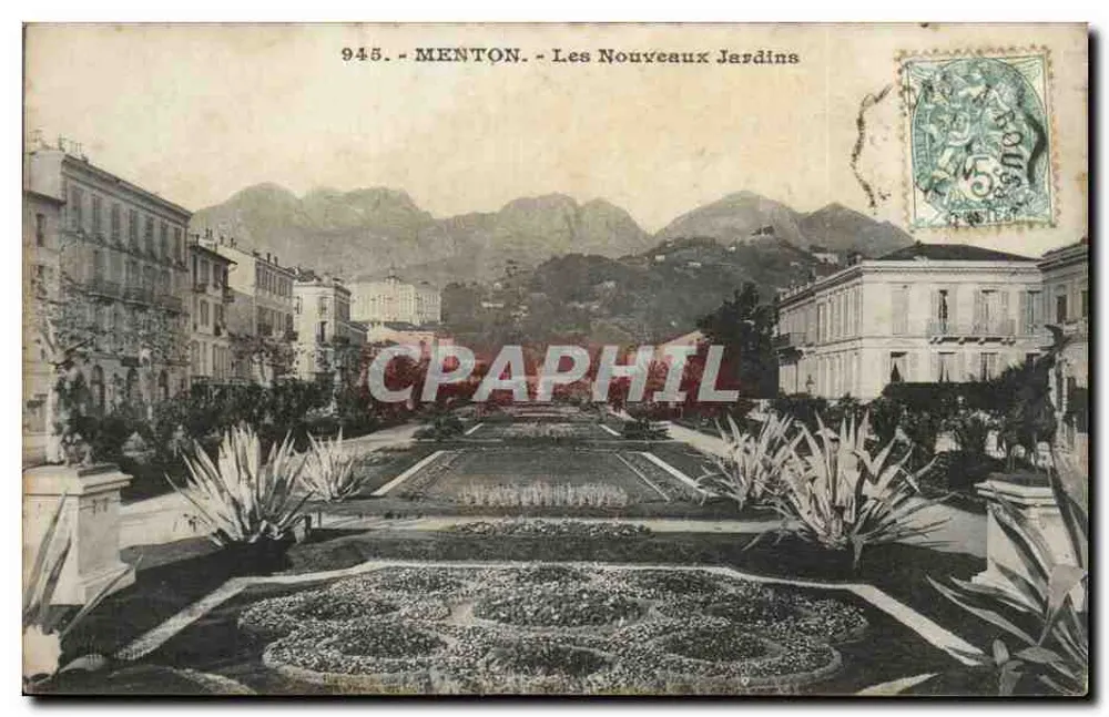 Menton - Les Nouveaux Jardins — Bilhete postal antigo n°945, editor Menton - Frente