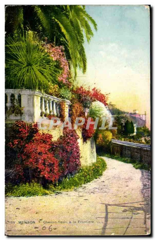 Menton — Caminho florido na Fronteira — Lévy & Neurdein, 44, rue Letellier, Paris - Frente