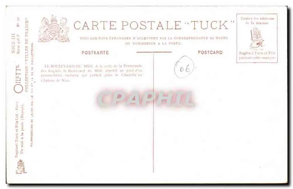 Nice. O Boulevard do Meio-Dia e a Passeio da Jetée — Tuck & Fils, N° 59 - Verso