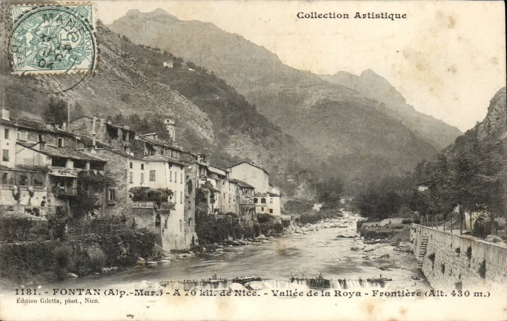 Fontan (Alp.-Mar.) — Dolina Roya — Granica (Wys. 430 m.) — Wydawnictwo Giletta, fot., Nice, nr 1181 - Awers