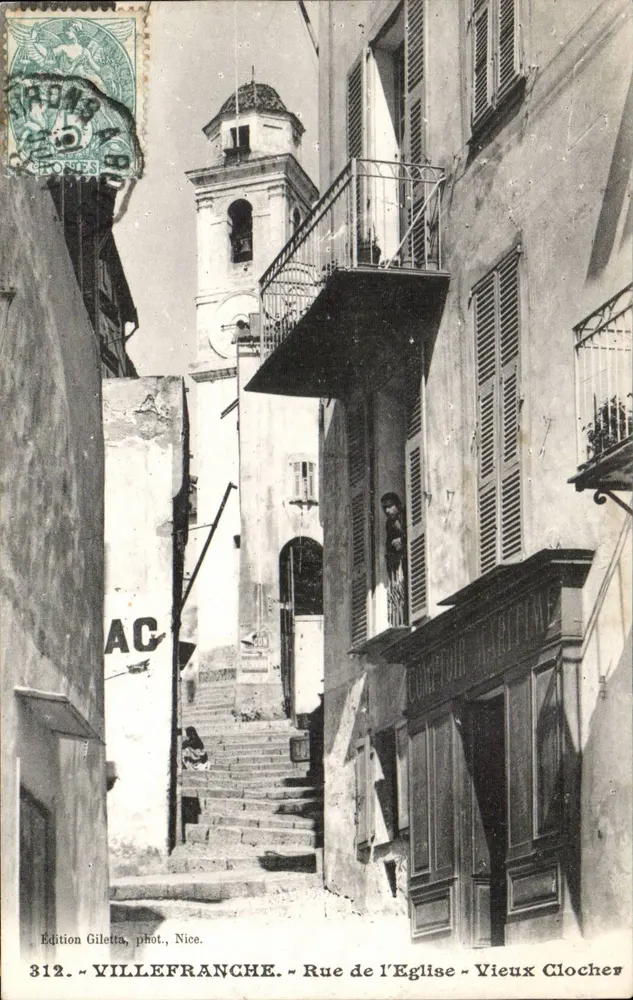 Villefranche-sur-Mer — Rue de l'Église et Vieux Clocher — Édition Giletta, phot., Nice, n° 312 - Vorderseite