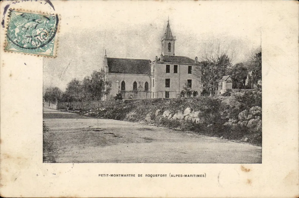 Petit-Montmartre de Roquefort — Igreja e rua — editor impr. F. Roux, rua Lavaux - Frente
