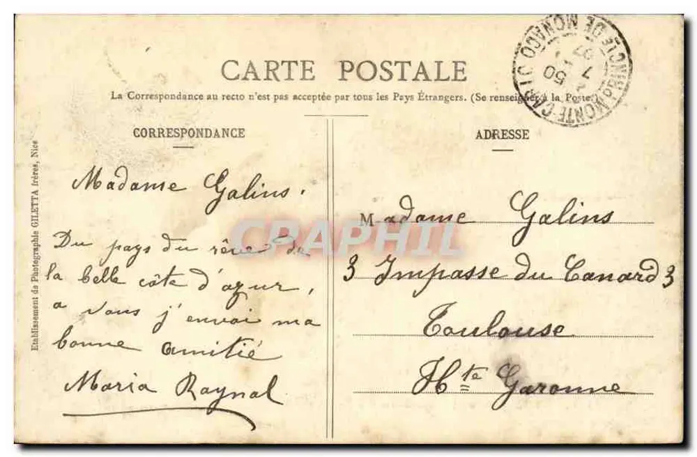 Nice - Grand Cercle du Casino - Nouveaux Salons — Edition Gilelta, n°114 - Rückseite