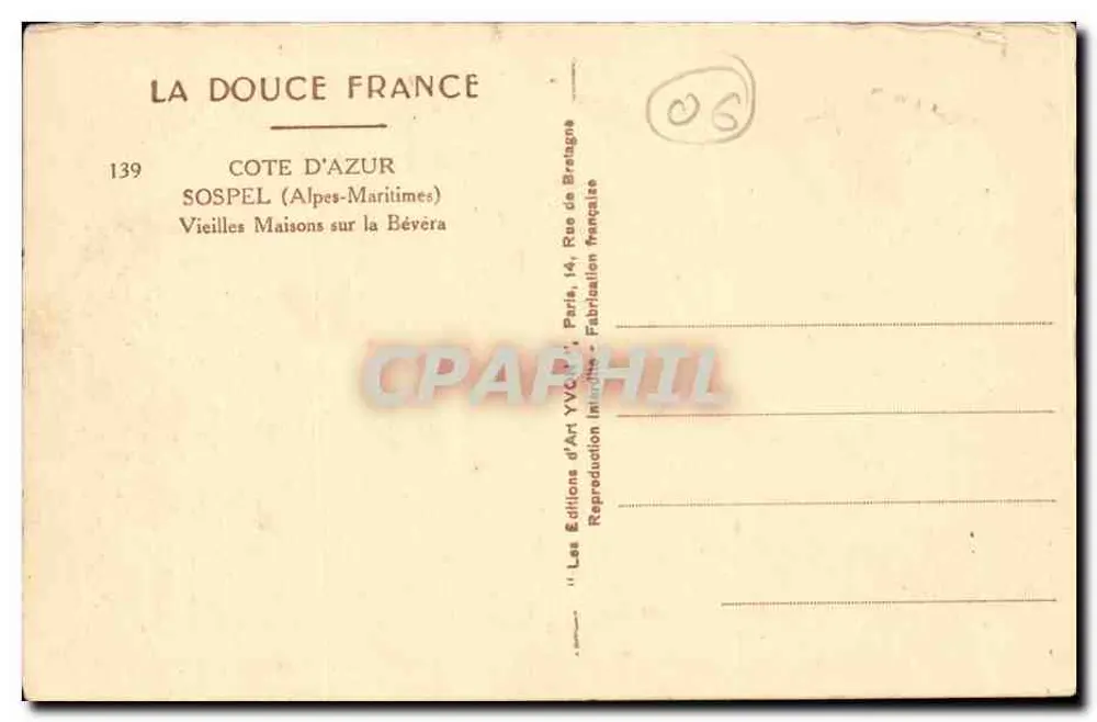 Sospel — Velhas Casas na Bévera — Éditions d'Art Yvonne, Paris - Verso