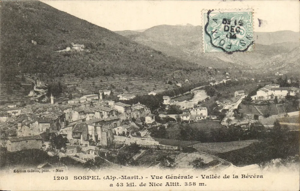 Sospel (Alp.-Marit.) — Allgemeiner Blick — Tal der Bévéra — Edition Guleta, Fotografie Nice, n° 1203 - Vorderseite