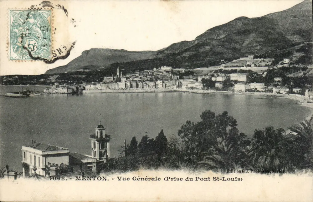 Menton - Allgemeine Ansicht (Überquerung der Brücke Saint-Louis) — Édition G.J. Photo Nice, Serie 6 - Vorderseite