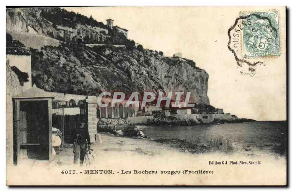 Menton - Os Rochos Vermelhos (Fronteira) — Edição G.J. Fotografia Nice, Série B, n° 4077 - Frente