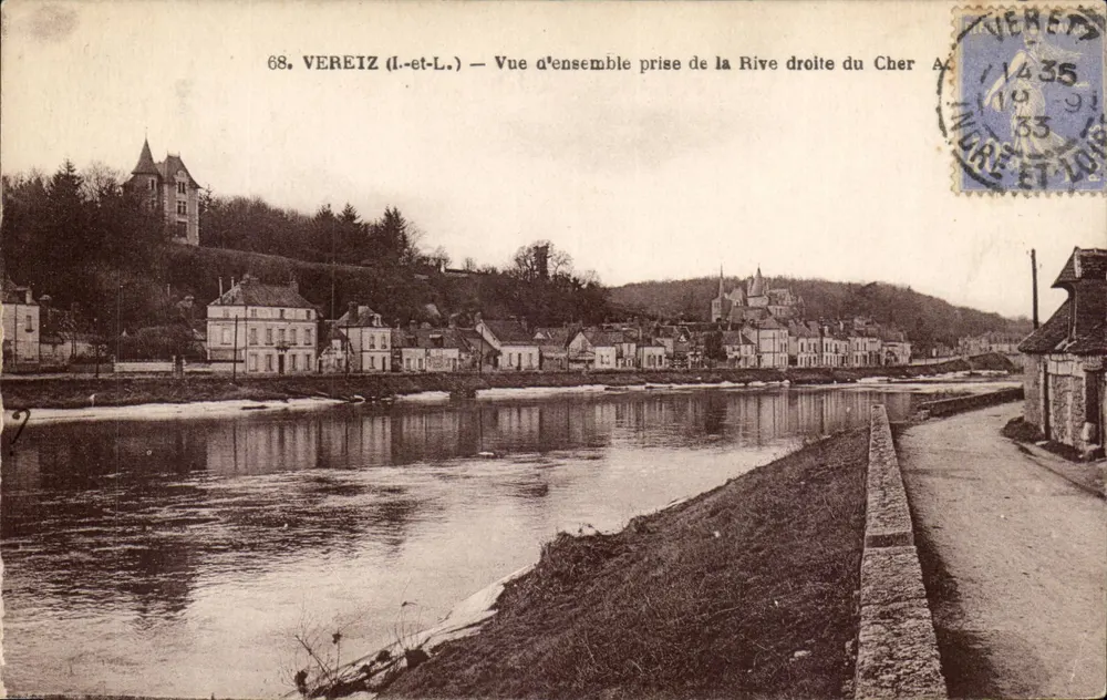 Véreiz (Loire-et-Loire) — Vista panorámica tomada desde la orilla derecha del Cher — editor A. Veret, n°68 - Anverso