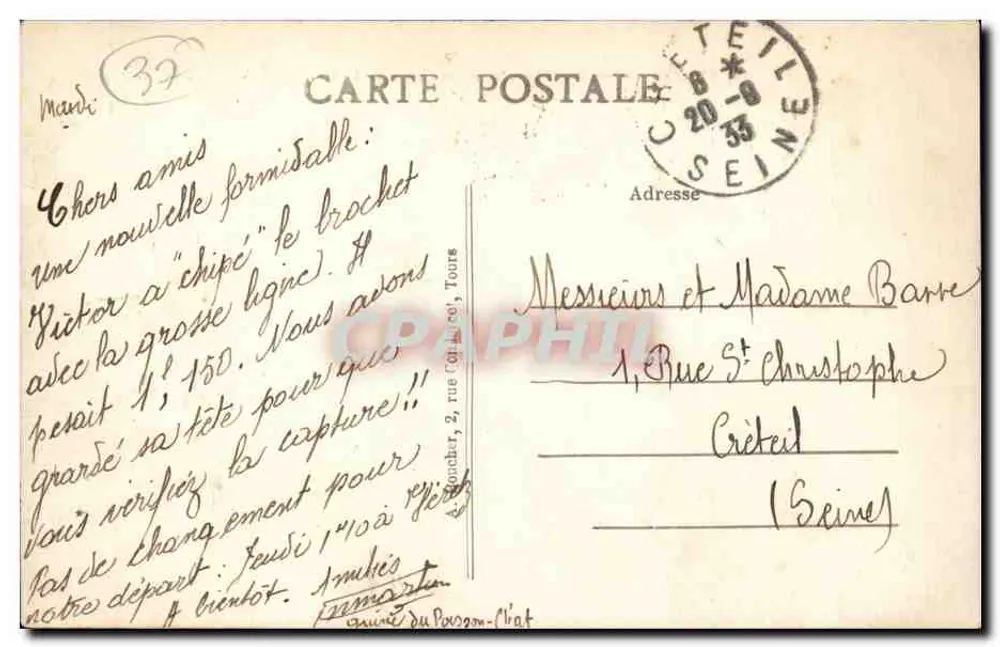 Véreiz (Loire-et-Loire) — Vista panorámica tomada desde la orilla derecha del Cher — editor A. Veret, n°68 - Reverso