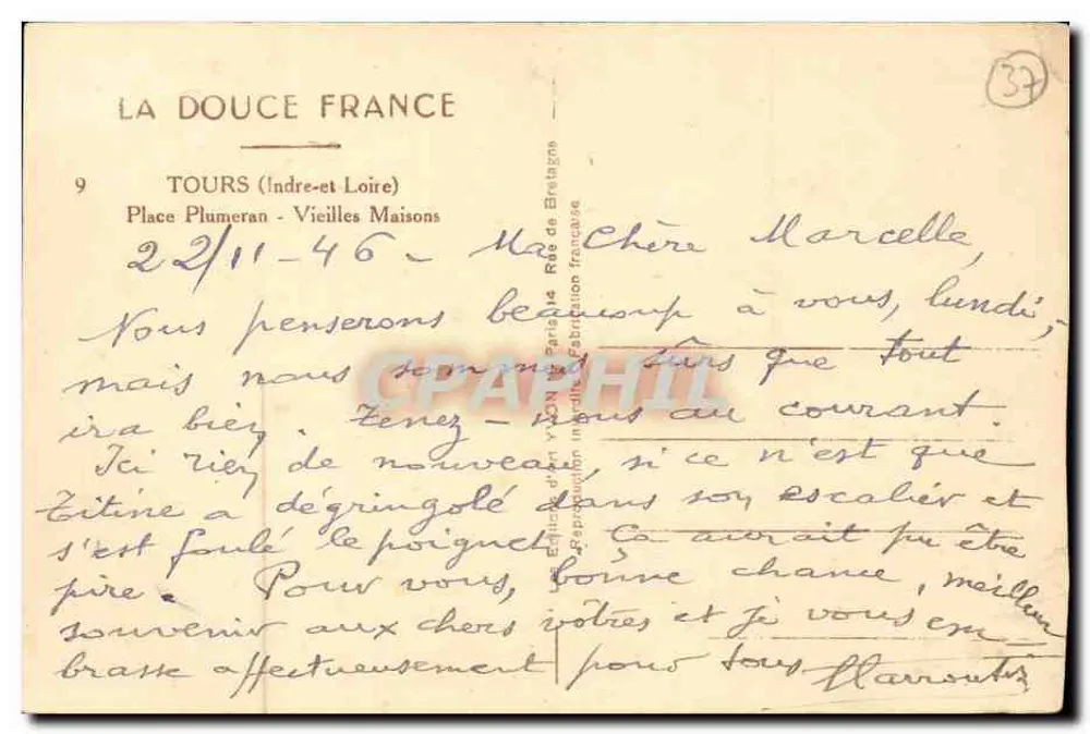 Tours - Place Plumeran - Velhas Casas — Editor La Douce France, n°9 - Verso