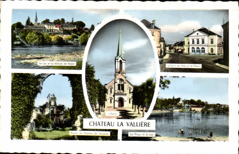 Castelo La Vallière — Vista panorâmica com igreja, lago, ruínas e hotel de cidade — Edição Gaby - Frente