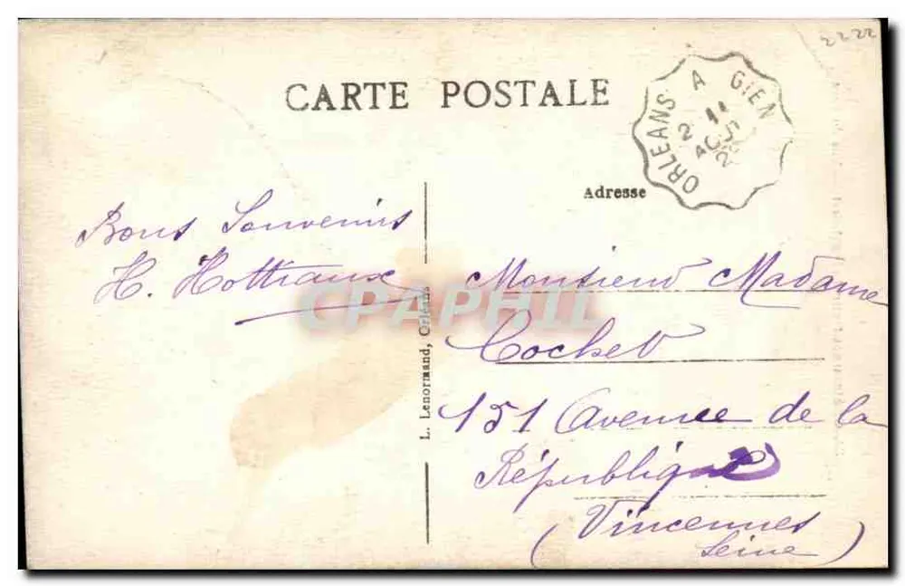 Châteauneuf-sur-Loire (Loiret) — Vista do Parque — editor L. Lenormand, série 39 - Verso
