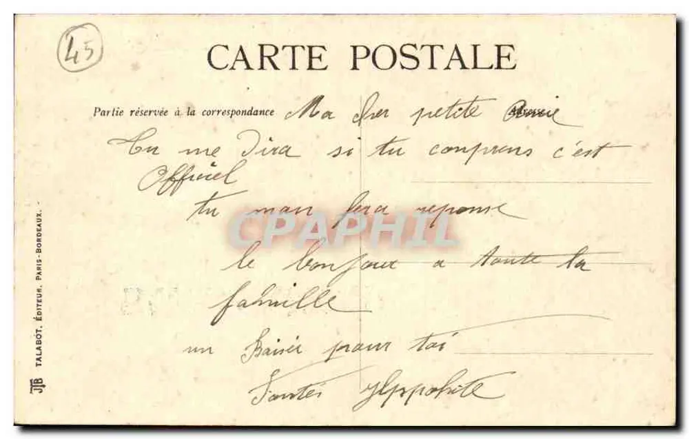 Amizades de Orléans — Depositado JB — TALABOT, EDITOR, PARIS-BORDEAUX - Verso