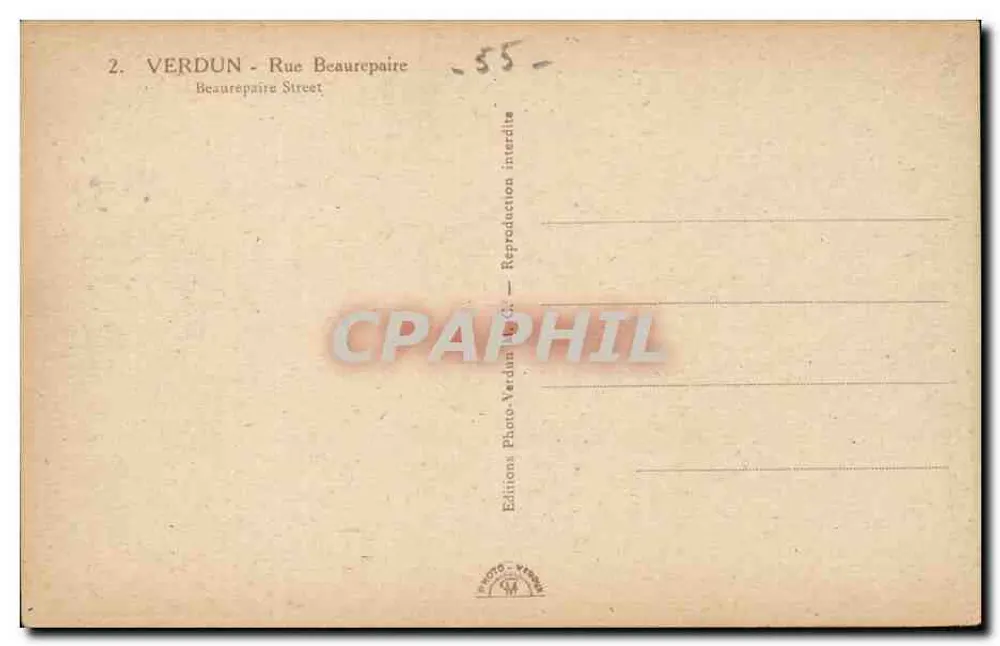 Verdun - Rue Beaurepaire — view de rua com confiteria — Editions Photo-Verdun & Cie - Verso