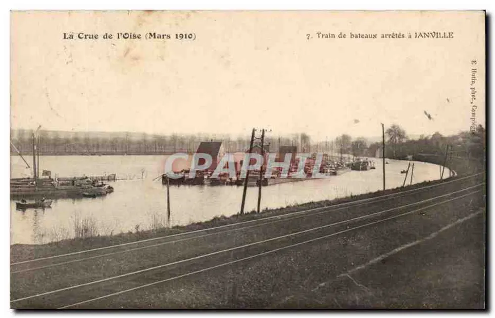 Überschwemmung der Oise (März 1910) — Bahn der Barges am Janville gestoppt — E. Hulin, phot. Gesellschaft - Vorderseite
