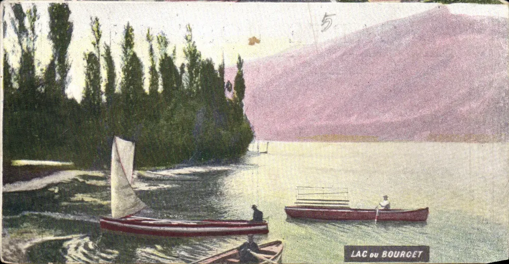 Lac du Bourget — vista lacustre com barcos a vela e canoas — G.B. Chocolat Guérin-Boutron, Paris - Frente