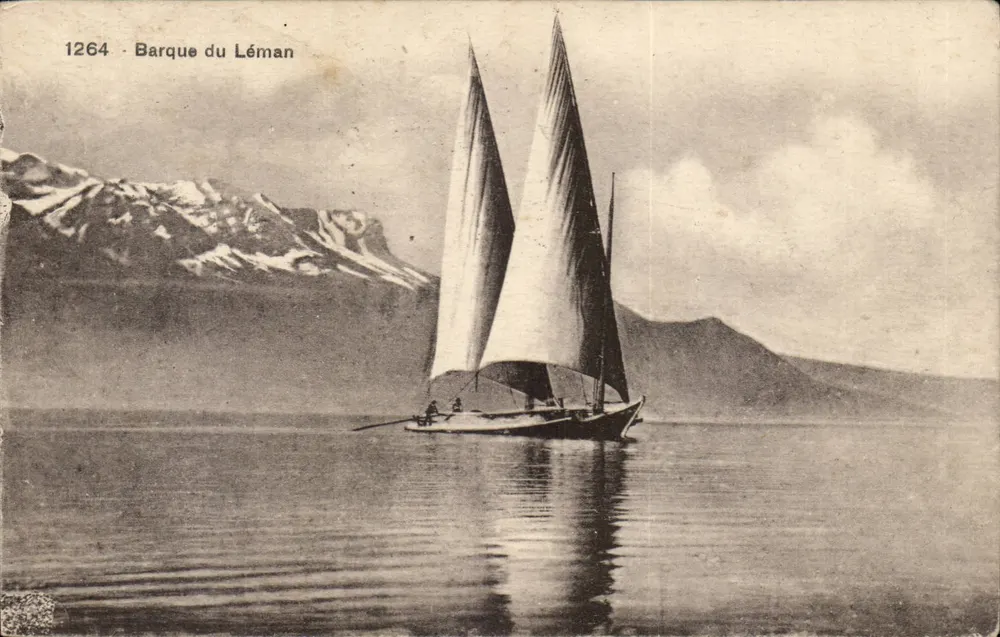 Barco do Léman — vista lacustre com montanhas nevadas — Fototipia C. Neuchâtel, n° 1264 - Frente