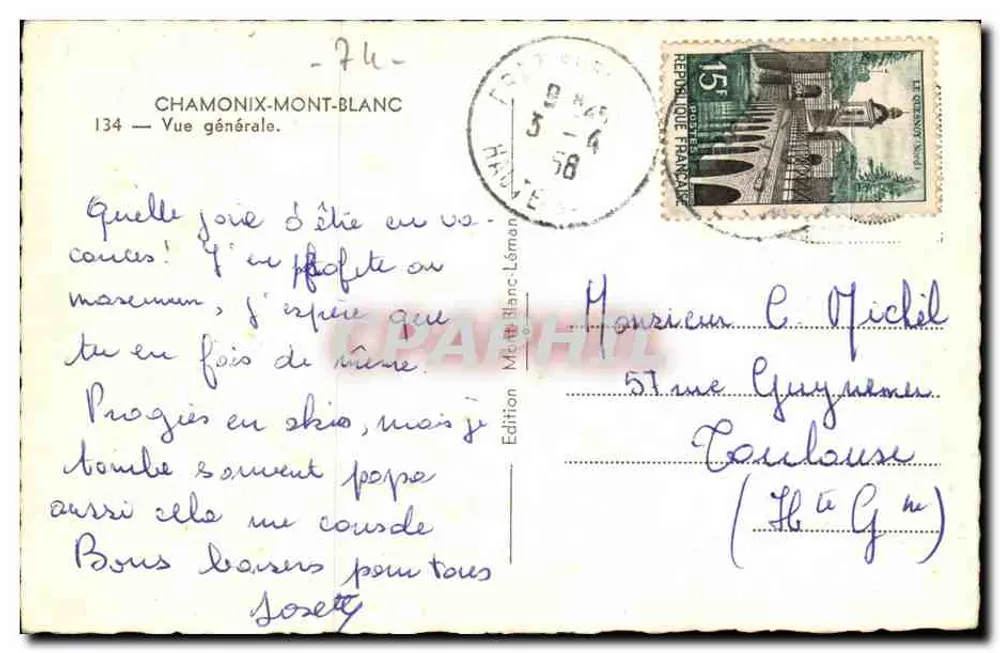 Chamonix-Mont-Blanc — Vista geral — Edição Méribel-Léman, n°134 - Verso