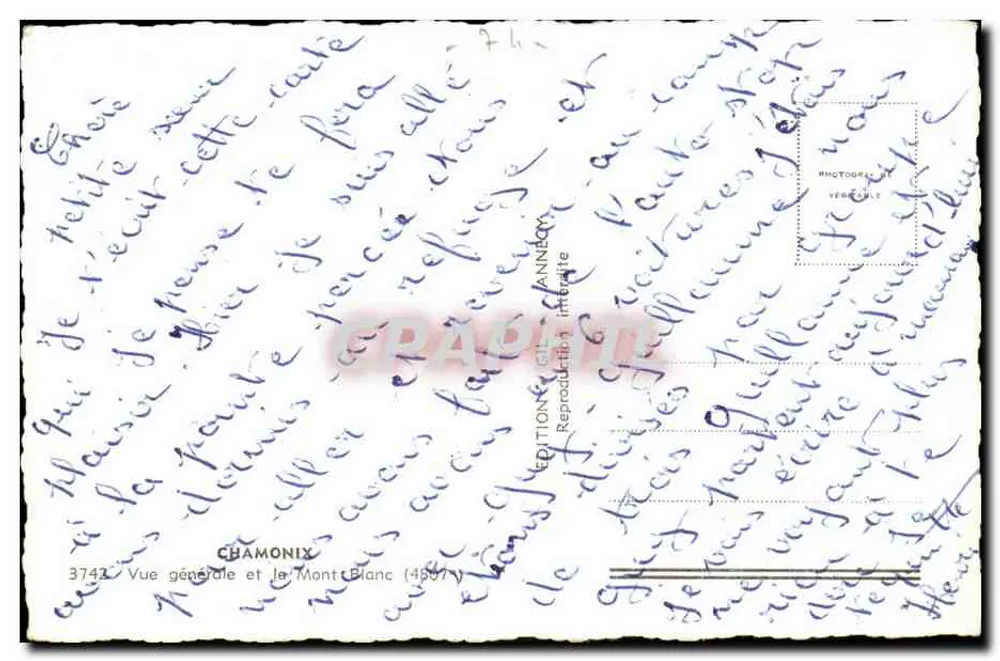 Chamonix — Vista geral e o Monte Branco — Edição G. Annebey, n° 3742 - Verso