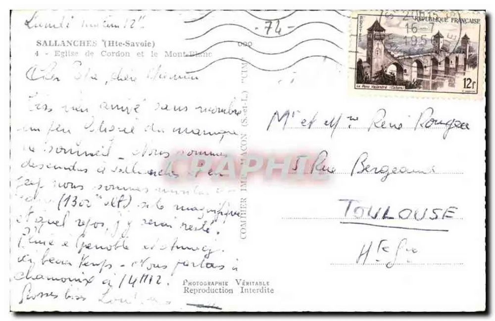 Sallanches (Haute-Savoie) — Kerk van Cordon en de Mont-Blanc — Fotograaf C. L. (CIM) - Achterkant