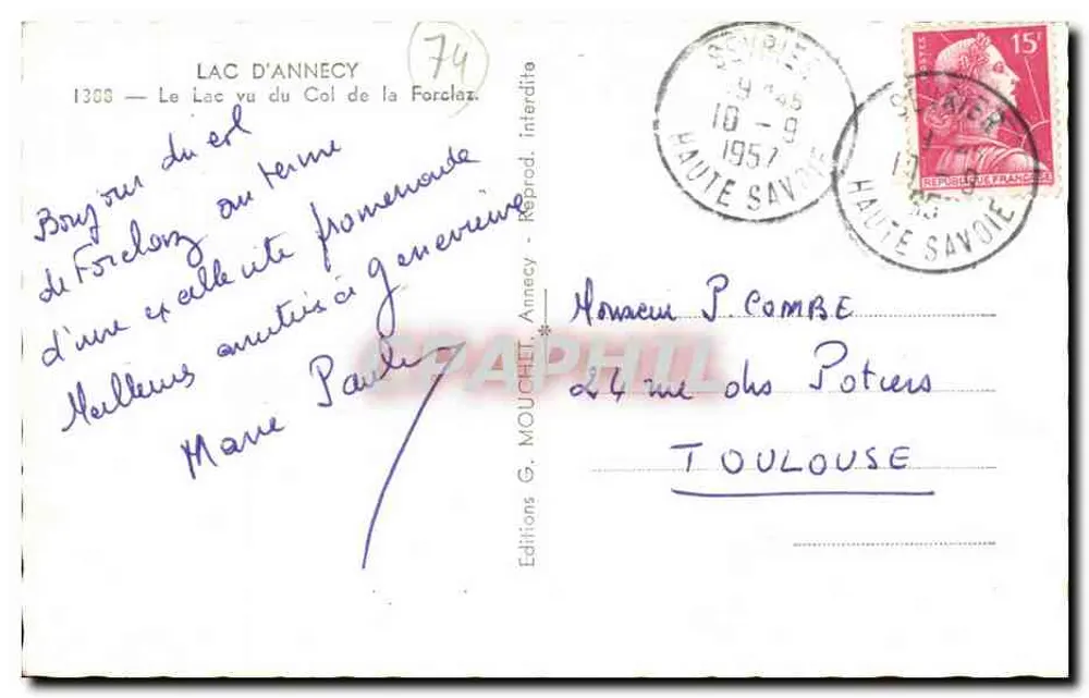 See Annecy — Blick vom Forclaz-Pass — Editions G. Mouchet - Rückseite
