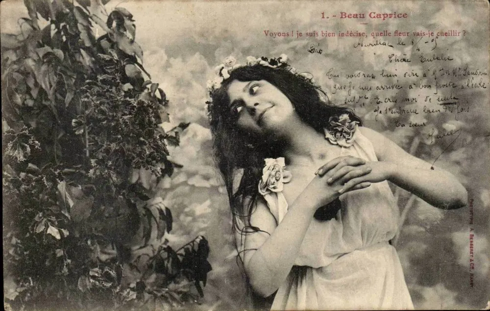 Ich bin unschlüssig, welche Blume ich pflücken soll? — Beau Caprice — Phototypie A. BERNET & Cie, Nîmes - Vorderseite