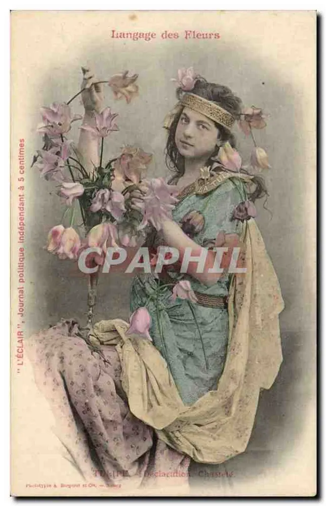 Junge Frau in blauer Robe mit Blumen — Sprache der Blumen — Phototype A. Bingen & Cie, Toulouse - Vorderseite
