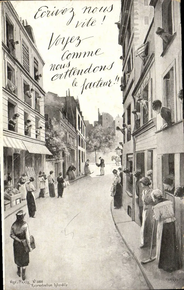 Frauen, die auf den Postboten warten — Straßenszene — Veröffentlicht in Paris, Nr. 860, Lithografische Reproduktion - Vorderseite