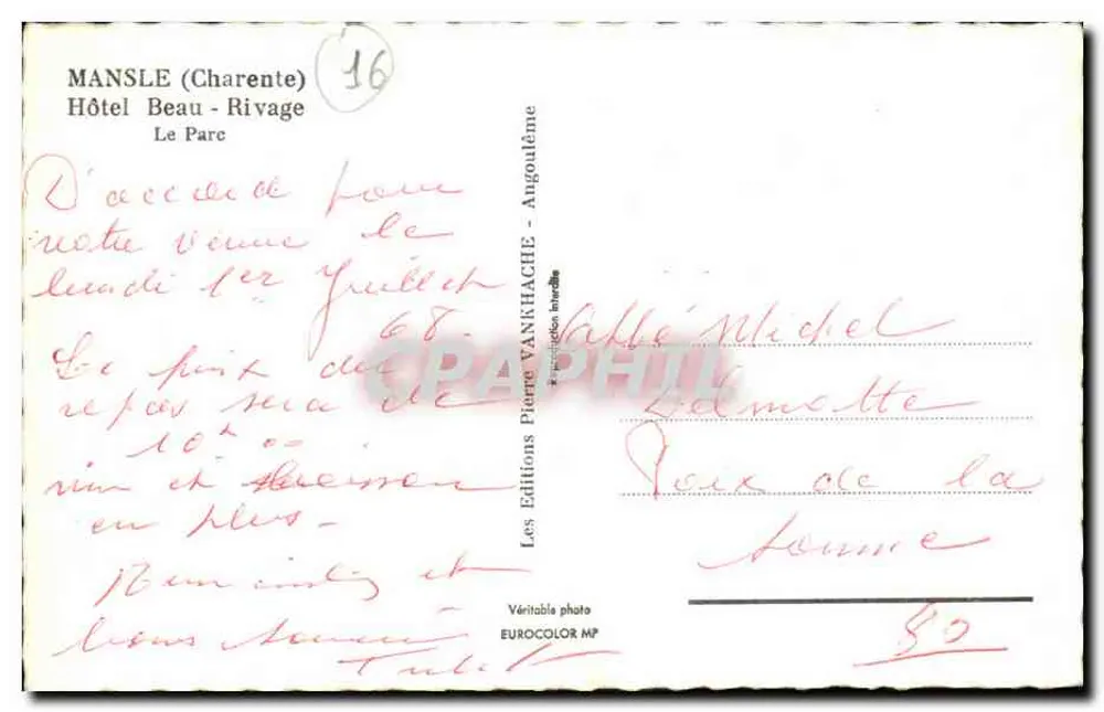 Mansle (Charente) — Hotel Beau-Rivage, Le Parc — Uitgaven Vankhache - Achterkant