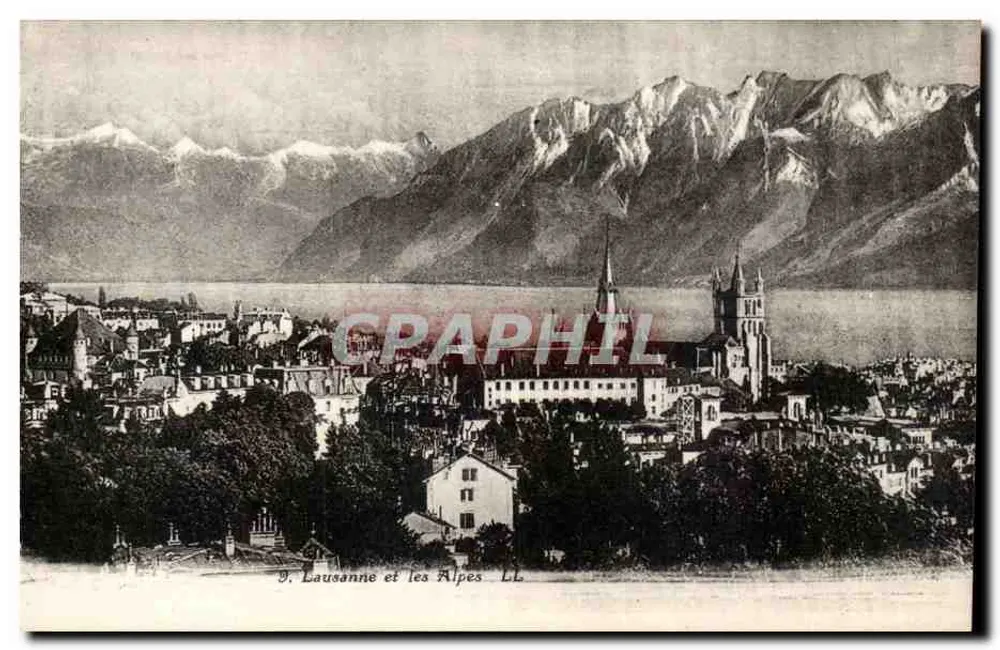 Lausanne und die Alpen — Panoramablick mit See und schneebedeckten Bergen — Verlag LL - Vorderseite