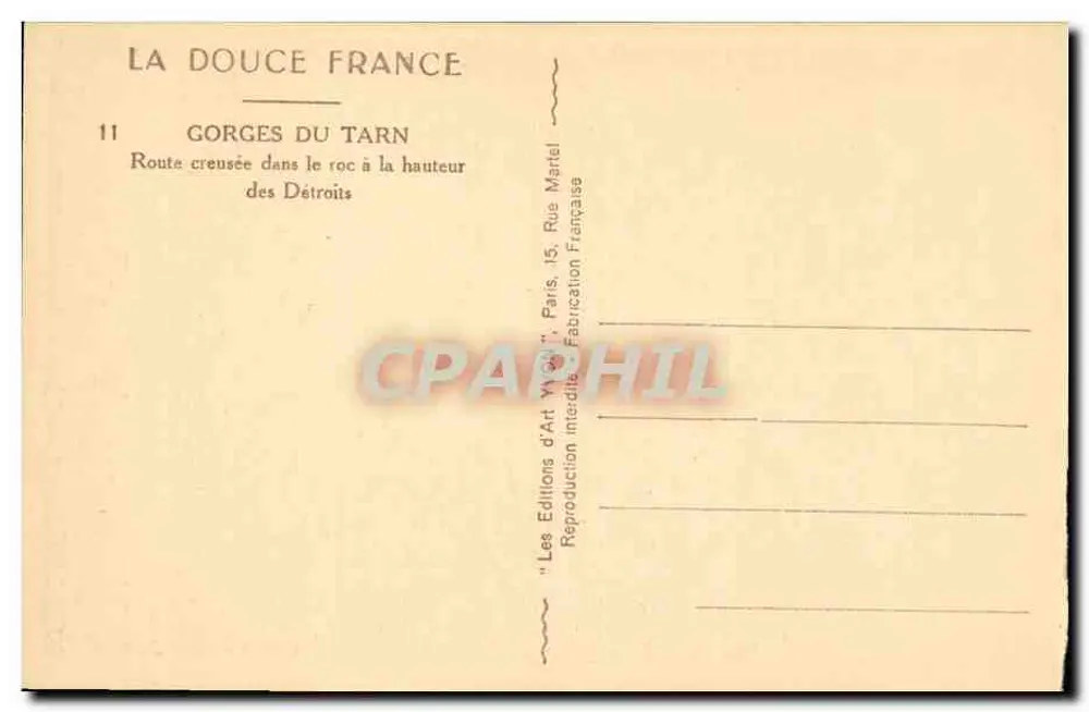 Gorges du Tarn — In der Felswand geschnittene Straße in Höhe der Détroits — Les Éditions d'Art W. Gatti, Paris - Rückseite
