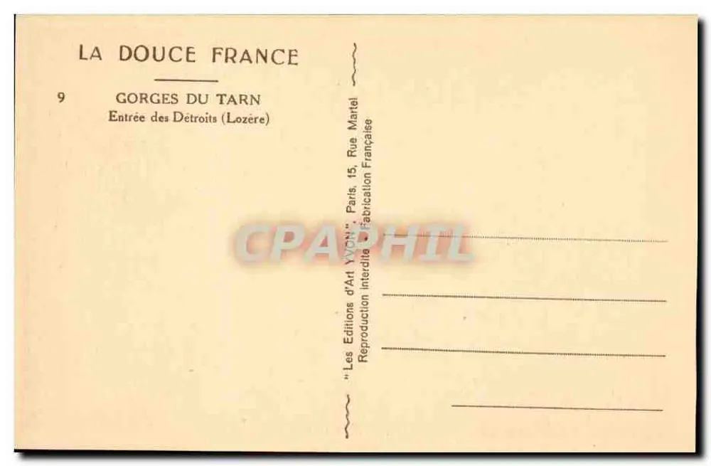 Gorges do Tarn — Entrada dos Détroits (Lozère) — Les Éditions d'Art Yvon, Paris - Verso