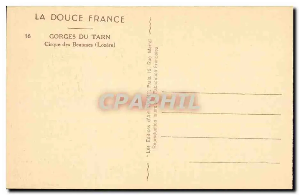 Gorges do Tarn — Cirque dos Beaumes (Lozère) — Les Éditions d'Art 'Nouveau', Paris - Verso