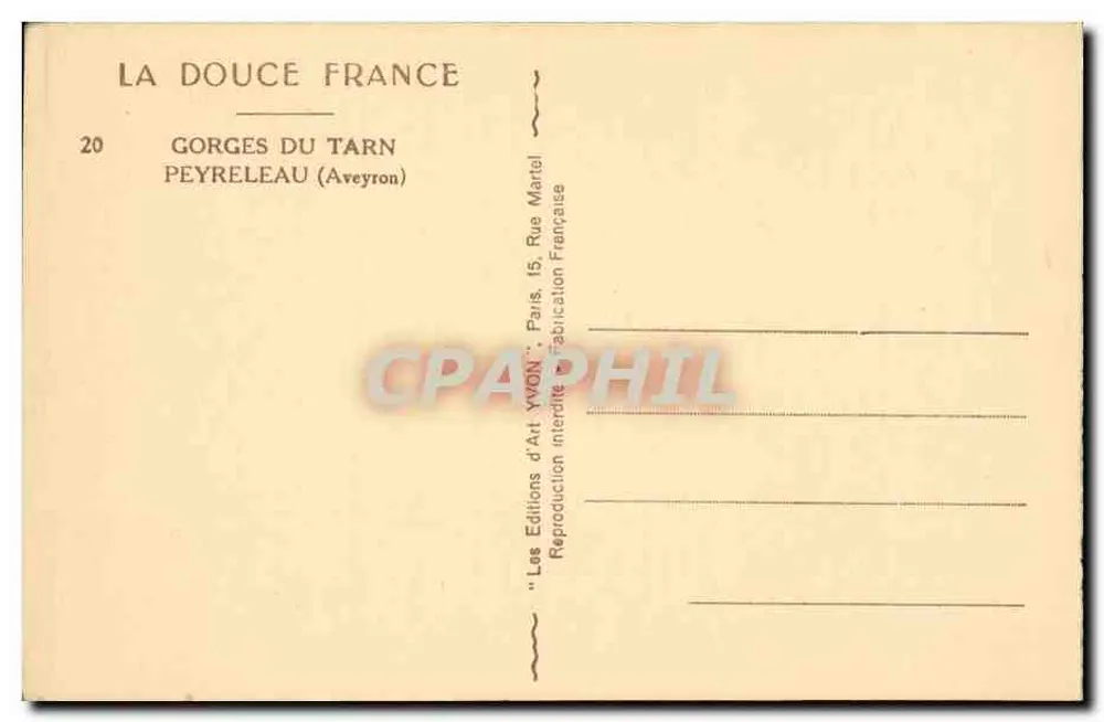 Peyreleau — Gorges do Tarn — Editor Yvon, n°20 - Verso