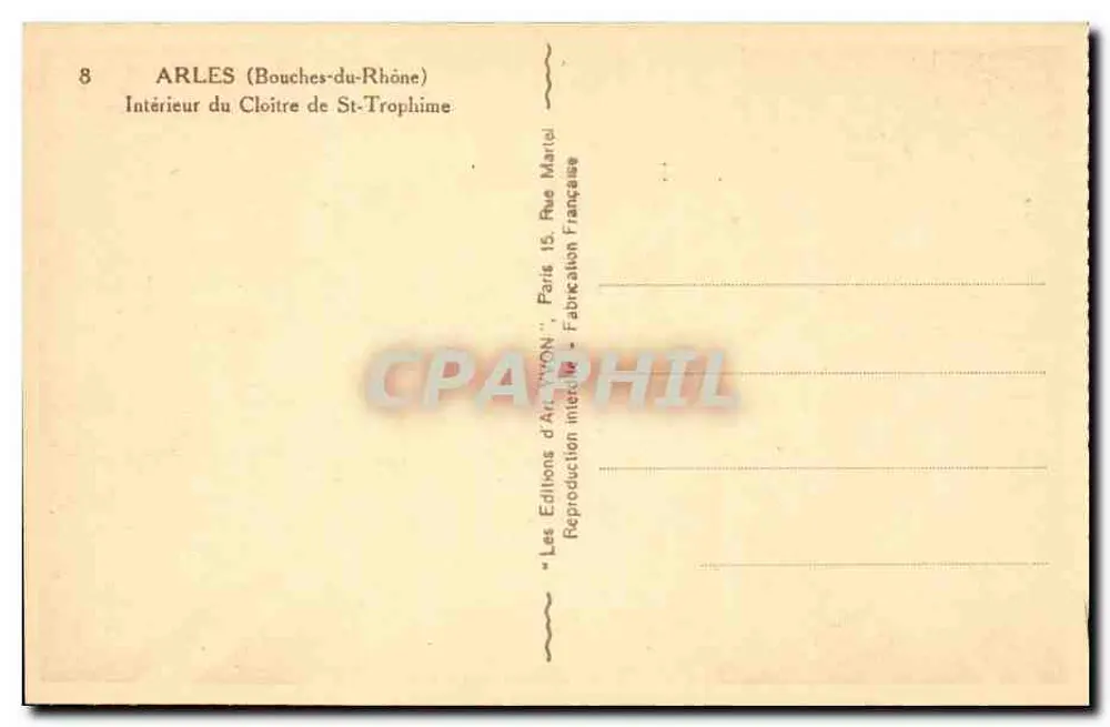 Arles (Bouches-du-Rhône) — Interior do Claustro de São Trofimé — Les Éditions d'Art 'VON' Paris - Verso