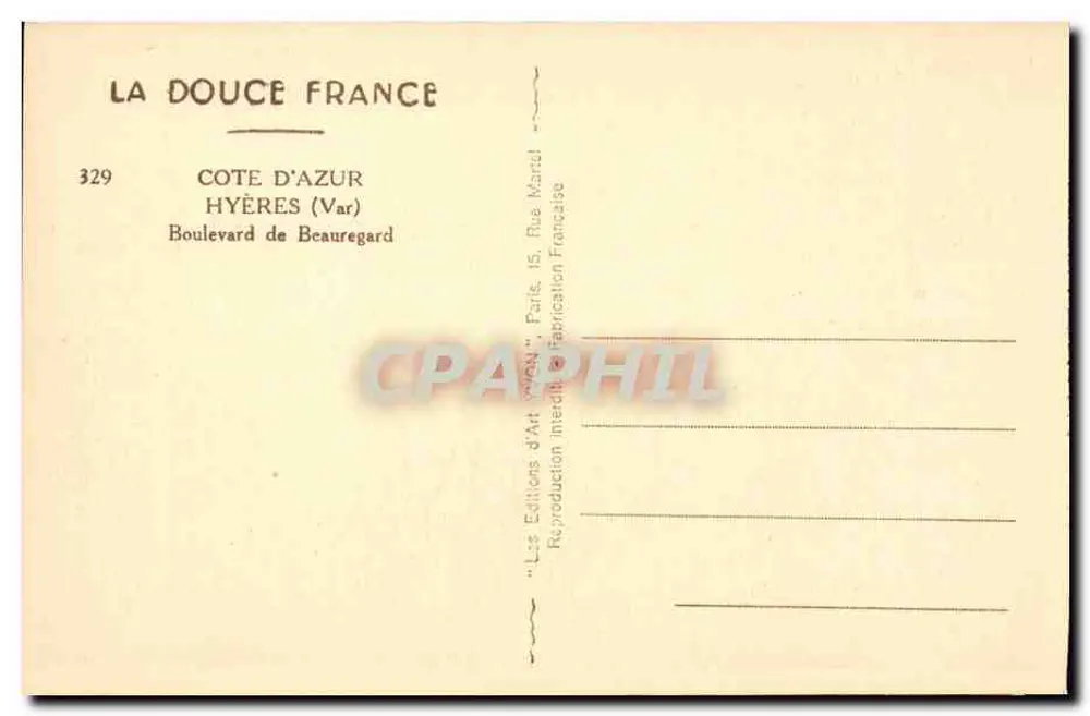 Hyères — Boulevard de Beauregard — La Douce France, n°329 - Verso