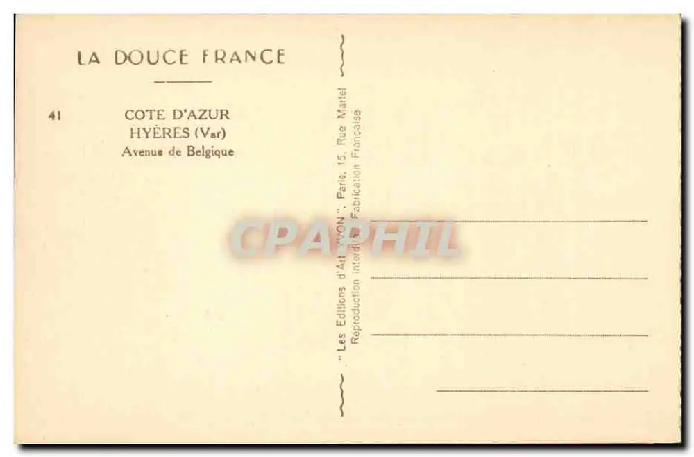 Café G. Carné - Hyères — Côte d'Azur, Avenue de Belgique — Kunstausgaben 'Yvon', Paris - Rückseite