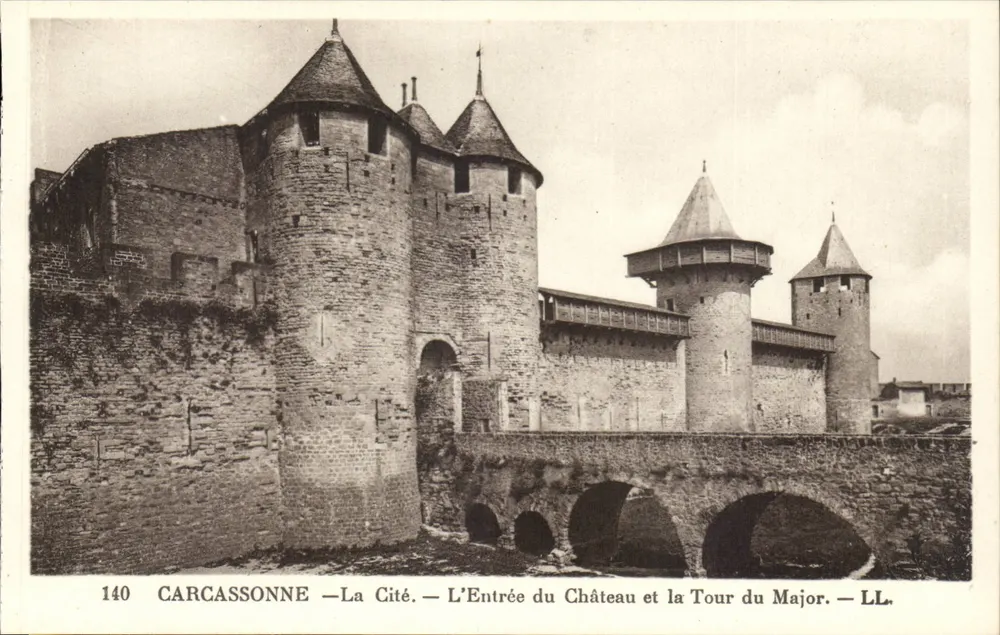 Carcassonne — Die Stadt — Der Eingang zum Schloss und die Turm des Majors — LL. — N° 140 - Vorderseite