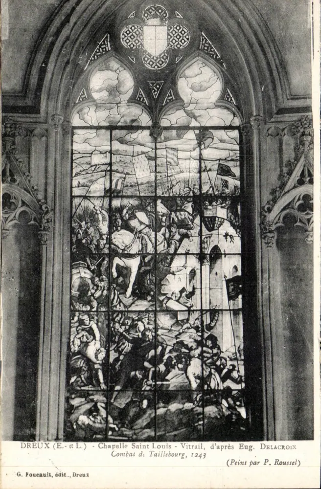 Dreux (E.-et L.) - Kapelle Saint Louis - Glasfenster des Schlachtes von Taillebourg, 1243 - nach Eug. Delacroix, gemalt von P. Roussel - Vorderseite