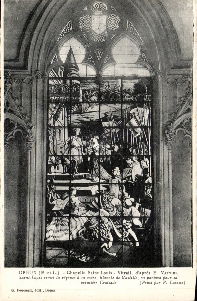 Kapelle Saint-Louis - Glasfenster, das Saint-Louis zeigt, wie er die Regentschaft an Blanche von Castil überträgt - Vorderseite