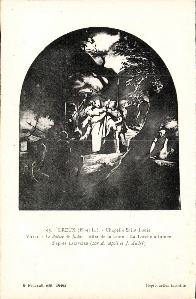 Der Kuss des Judas — Effekt des Mondes — Die angezündete Fackel — Glasfenster von Dreux (E. et L.) — Kapelle Saint Louis - Vorderseite