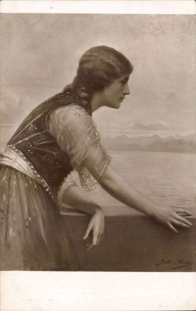 Jovem mulher em vestido decorado — vista de perfil — Jules Voïnat, 1907 - Frente