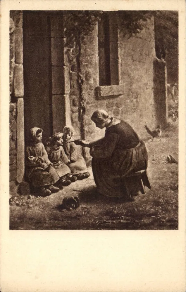 Mulher e crianças perto de um muro — cena de vida — Millet & La Becquée - Frente
