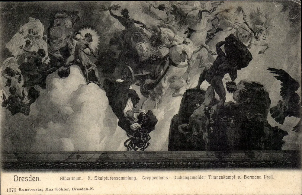 Dresde. Alberiniun. Coleção de Esculturas Real. Escada. Pintura de teto: Batalha dos Titãs de Hermann Prell — Kunstverlag Max Köhler, Dresden-N. n° 1376 - Frente