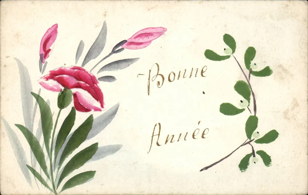 Blüten und ein Efeuast — Gutes Jahr — Postkarte - Vorderseite