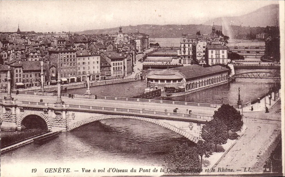 Genf — Vogelperspektive des Coulouvrenière-Brücke und des Rhônes — LL - Vorderseite