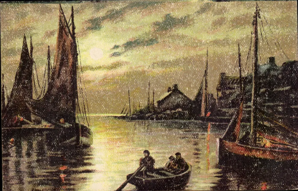Porto de pesca ao entardecer — vista noturna — Edições Artísticas da França - Frente